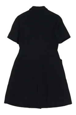 Black wool-silk blend point collar short sleeve safari-style A-line dress with signature slanted hip pockets