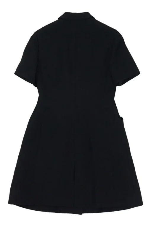 Black wool-silk blend point collar short sleeve safari-style A-line dress with signature slanted hip pockets