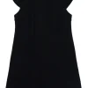 Black wool-viscose blend bateau neck cap sleeve swing-style shift dress