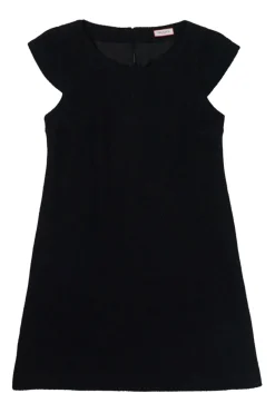 Black wool-viscose blend bateau neck cap sleeve swing-style shift dress