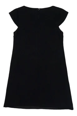Black wool-viscose blend bateau neck cap sleeve swing-style shift dress