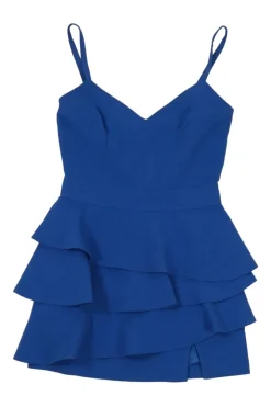 Blue acetate-blend tiered ruffle bustier mini dress with fixed spaghetti straps