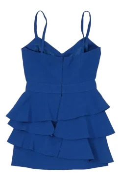Blue acetate-blend tiered ruffle bustier mini dress with fixed spaghetti straps