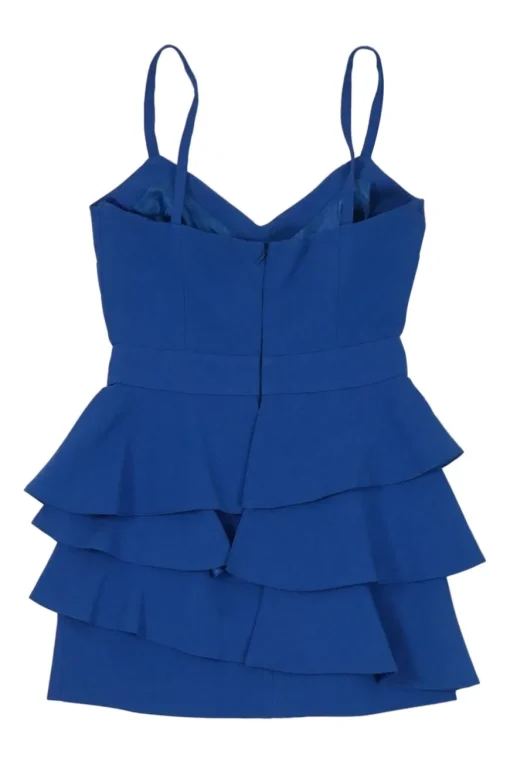 Blue acetate-blend tiered ruffle bustier mini dress with fixed spaghetti straps