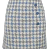 Blue acrylic-blend pinwheel houndstooth tweed pull-on high-rise mini skirt with enamel shank button appliqué