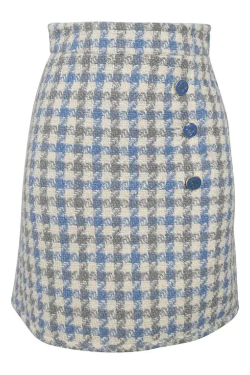 Blue acrylic-blend pinwheel houndstooth tweed pull-on high-rise mini skirt with enamel shank button appliqué