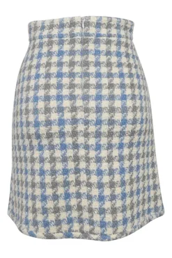 Blue acrylic-blend pinwheel houndstooth tweed pull-on high-rise mini skirt with enamel shank button appliqué