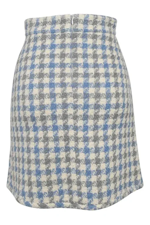 Blue acrylic-blend pinwheel houndstooth tweed pull-on high-rise mini skirt with enamel shank button appliqué