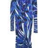 Blue and black abstract swirl viscose jersey drop waist v-neck dress with adjustable drawstring waist