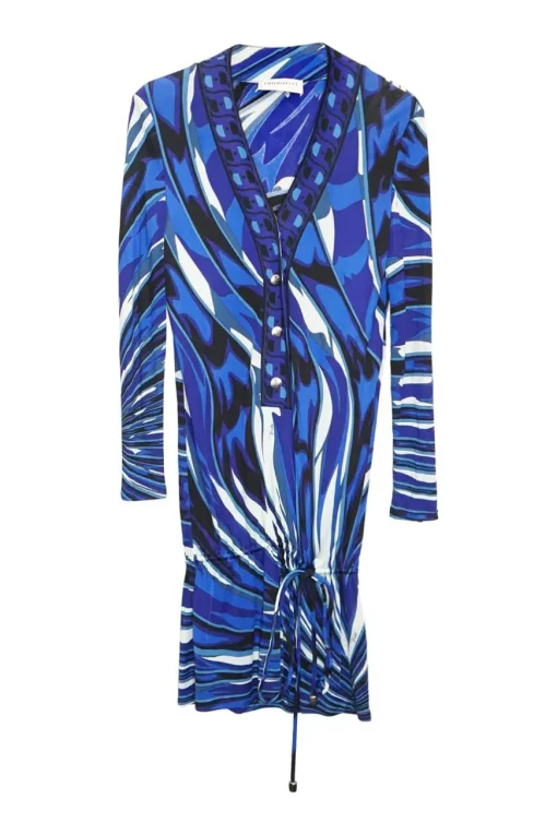 Blue and black abstract swirl viscose jersey drop waist v-neck dress with adjustable drawstring waist
