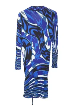 Blue and black abstract swirl viscose jersey drop waist v-neck dress with adjustable drawstring waist