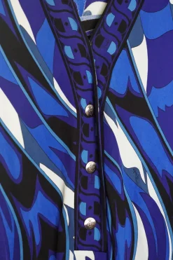 Blue and black abstract swirl viscose jersey drop waist v-neck dress with adjustable drawstring waist