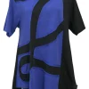 Blue and black paneled cotton jersey knit L swing-style pullover T-shirt