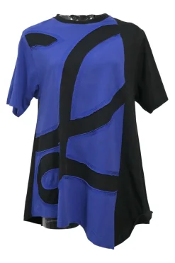 Blue and black paneled cotton jersey knit L swing-style pullover T-shirt