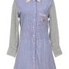 Blue and black pinstriped cotton poplin long-sleeve sash waist shirt dress
