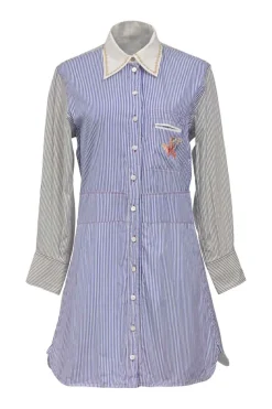 Blue and black pinstriped cotton poplin long-sleeve sash waist shirt dress
