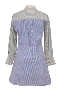 Blue and black pinstriped cotton poplin long-sleeve sash waist shirt dress