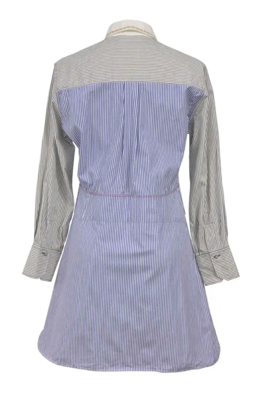 Blue and black pinstriped cotton poplin long-sleeve sash waist shirt dress