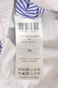 Blue and black pinstriped cotton poplin long-sleeve sash waist shirt dress