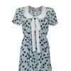 Blue and black silk cherry print tie-front collared short sleeve dress