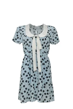 Blue and black silk cherry print tie-front collared short sleeve dress