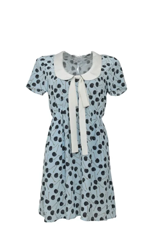 Blue and black silk cherry print tie-front collared short sleeve dress