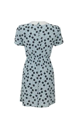 Blue and black silk cherry print tie-front collared short sleeve dress