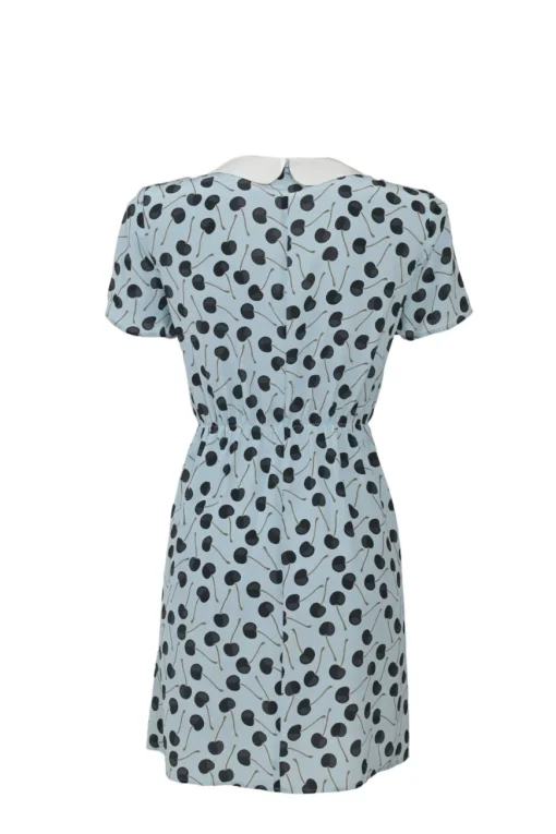 Blue and black silk cherry print tie-front collared short sleeve dress