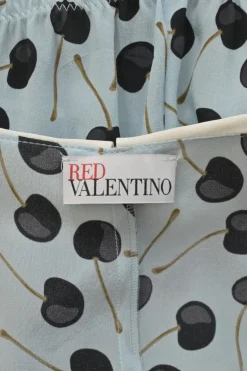 Blue and black silk cherry print tie-front collared short sleeve dress