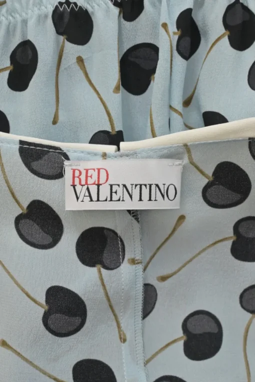 Blue and black silk cherry print tie-front collared short sleeve dress