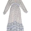Blue and blush silk floral paisley print plunge neck empire-waist tiered maxi dress with blouson sleeves