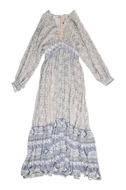 Blue and blush silk floral paisley print plunge neck empire-waist tiered maxi dress with blouson sleeves