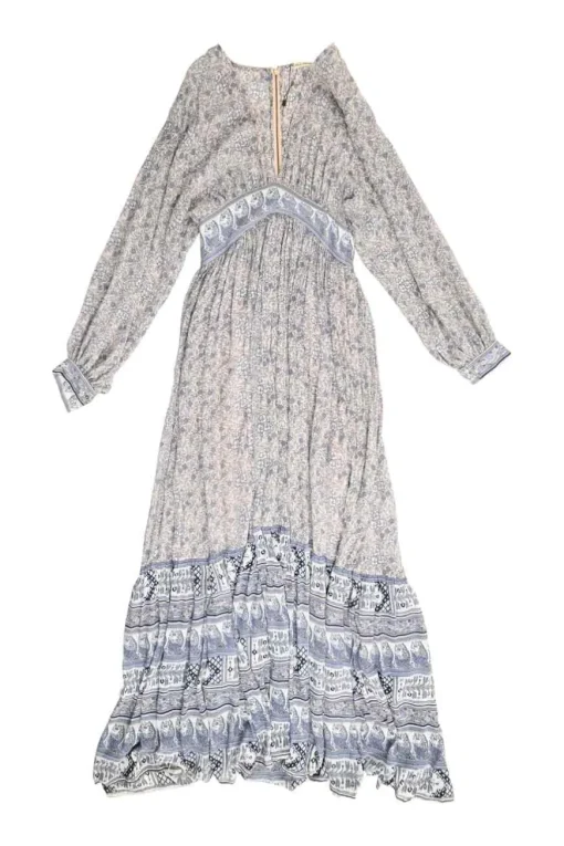Blue and blush silk floral paisley print plunge neck empire-waist tiered maxi dress with blouson sleeves