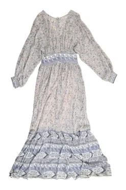 Blue and blush silk floral paisley print plunge neck empire-waist tiered maxi dress with blouson sleeves