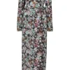 Blue and brown polyester-blend Enya abstract floral print off-shoulder long sleeve column dress with ruffled bust line