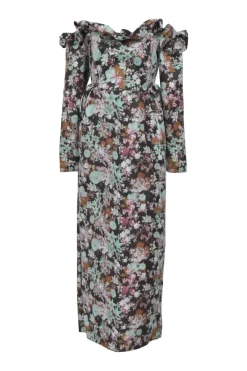 Blue and brown polyester-blend Enya abstract floral print off-shoulder long sleeve column dress with ruffled bust line