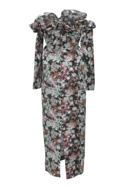 Blue and brown polyester-blend Enya abstract floral print off-shoulder long sleeve column dress with ruffled bust line