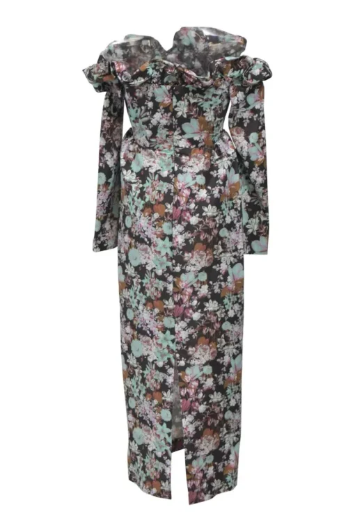 Blue and brown polyester-blend Enya abstract floral print off-shoulder long sleeve column dress with ruffled bust line