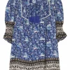 Blue and burgundy cotton hare border print tie-neck smocked puff sleeve tunic top with pintuck bib