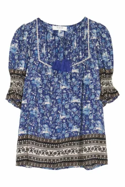 Blue and burgundy cotton hare border print tie-neck smocked puff sleeve tunic top with pintuck bib