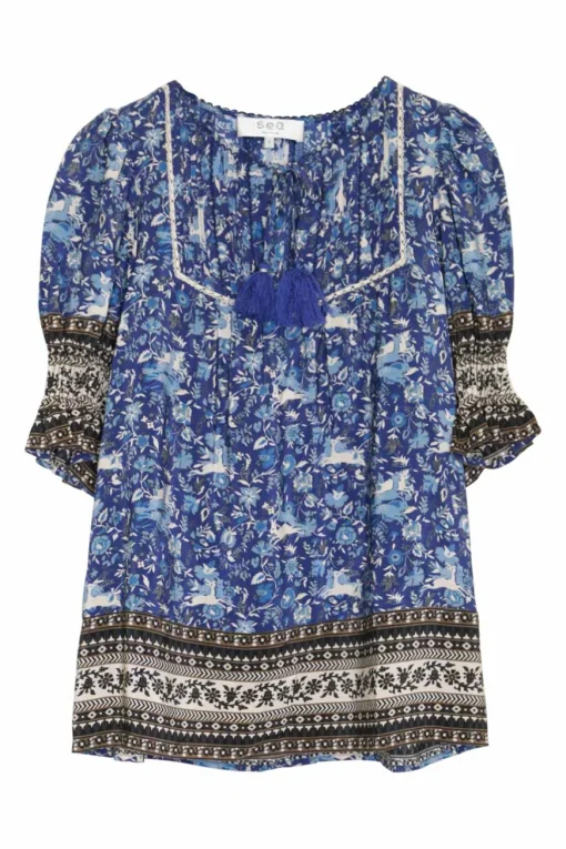Blue and burgundy cotton hare border print tie-neck smocked puff sleeve tunic top with pintuck bib
