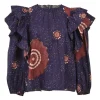 Blue and burgundy cotton abstract print Caasi crewneck pullover blouson sleeve top with flutter appliqué and keyhole back