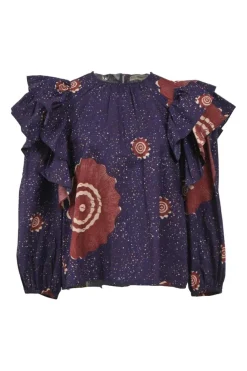Blue and burgundy cotton abstract print Caasi crewneck pullover blouson sleeve top with flutter appliqué and keyhole back