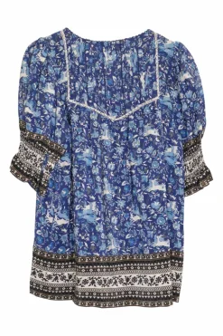 Blue and burgundy cotton hare border print tie-neck smocked puff sleeve tunic top with pintuck bib