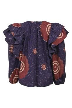 Blue and burgundy cotton abstract print Caasi crewneck pullover blouson sleeve top with flutter appliqué and keyhole back