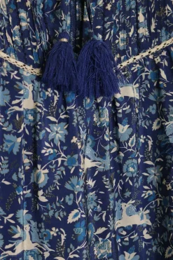 Blue and burgundy cotton hare border print tie-neck smocked puff sleeve tunic top with pintuck bib