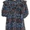 Blue and gold paneled silk-blend abstract print georgette pullover top with gathered neckline
