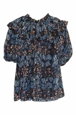 Blue and gold paneled silk-blend abstract print georgette pullover top with gathered neckline