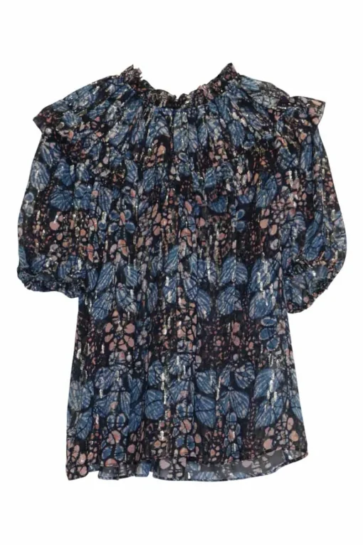 Blue and gold paneled silk-blend abstract print georgette pullover top with gathered neckline