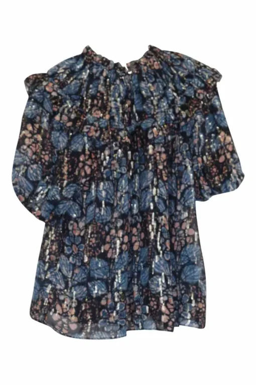 Blue and gold paneled silk-blend abstract print georgette pullover top with gathered neckline